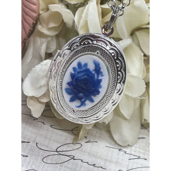 BLUE Navy Rose White Mothers Day Cameo Locket Silver Easter Daughter Wedding - Picture 3 of 9